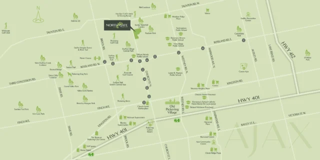 Map of schools, parks and amenities near Northgate Trails in north Ajax