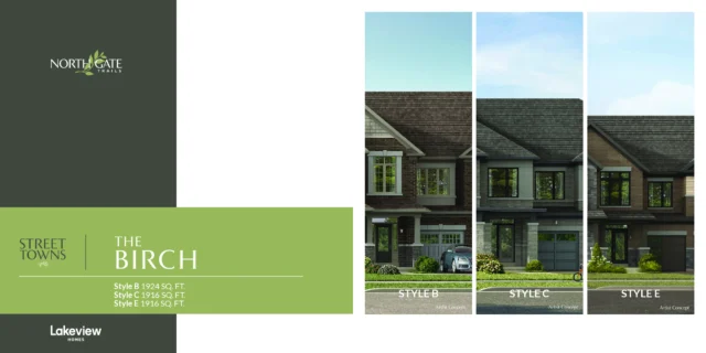 The Birch 20′ traditional street town elevations at Northgate Trails by Lakeview Homes in north Ajax