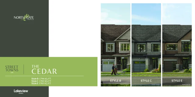 The Cedar 20′ traditional street town elevations at Northgate Trails by Lakeview Homes in north Ajax