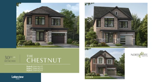 The Chestnut 30′ detached elevations at Northgate Trails by Lakeview Homes in north Ajax