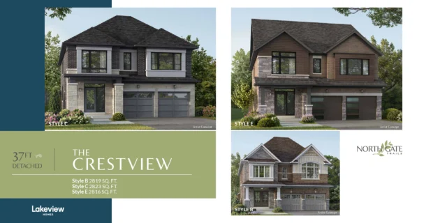 The Crestview 37′ detached elevations at Northgate Trails by Lakeview Homes in north Ajax