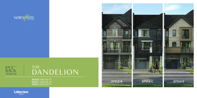 The Dandelion 21′ back-to-back town elevations at Northgate Trails by Lakeview Homes in north Ajax