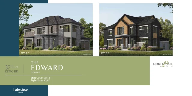 The Edward Corner 37′ detached elevations at Northgate Trails by Lakeview Homes in north Ajax