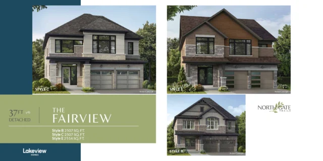 The Fairview 37′ detached elevations at Northgate Trails by Lakeview Homes in north Ajax