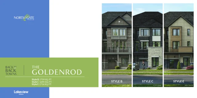 The Goldenrod 21′ back-to-back town elevations at Northgate Trails by Lakeview Homes in north Ajax