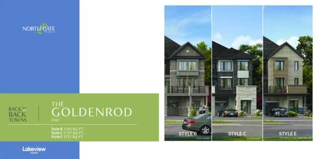 The Goldenrod End 21′ back-to-back town elevations at Northgate Trails by Lakeview Homes in north Ajax