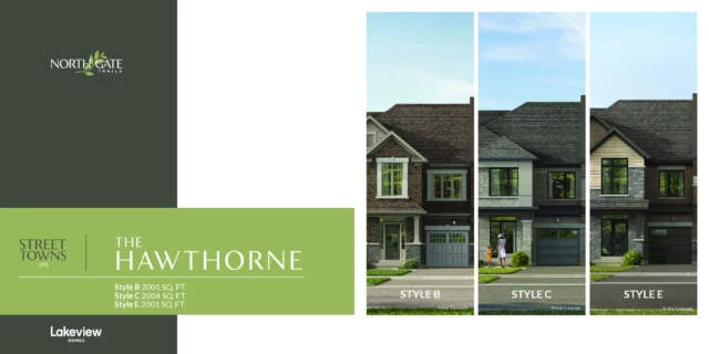 The Hawthorne 20′ traditional street town elevations at Northgate Trails by Lakeview Homes in north Ajax