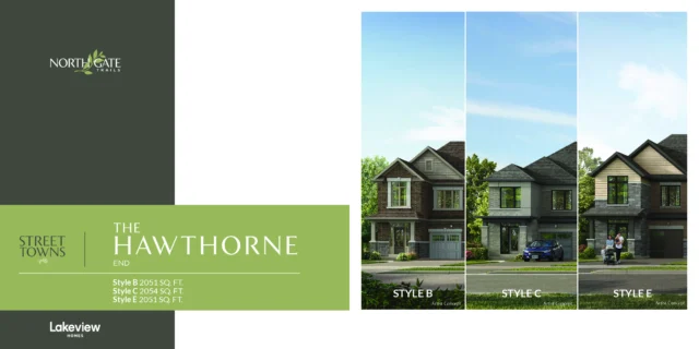 The Hawthorne End 20′ traditional street town elevations at Northgate Trails by Lakeview Homes in north Ajax