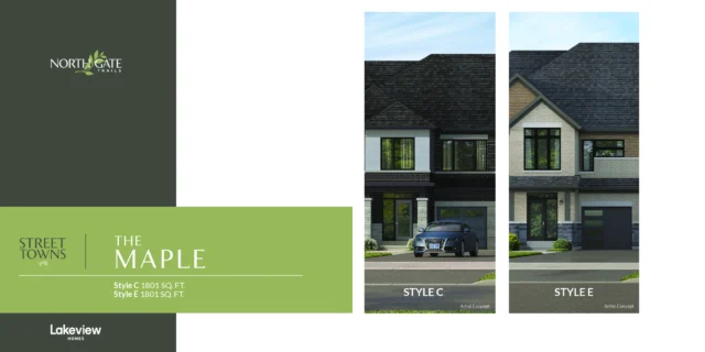 The Maple 20′ traditional street town elevations at Northgate Trails by Lakeview Homes in north Ajax