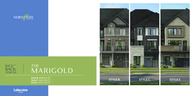 The Marigold 21′ back-to-back town elevations at Northgate Trails by Lakeview Homes in north Ajax