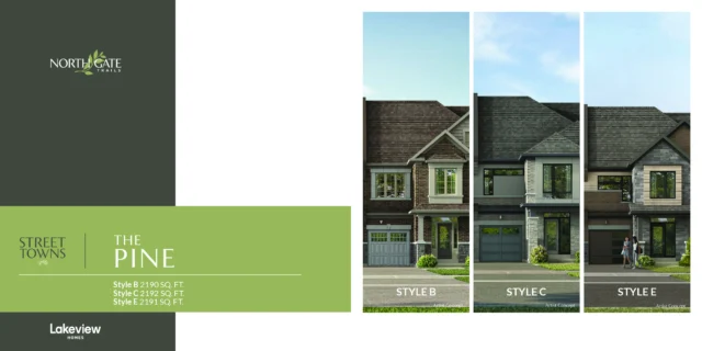 The Pine 20′ traditional street town elevations at Northgate Trails by Lakeview Homes in north Ajax