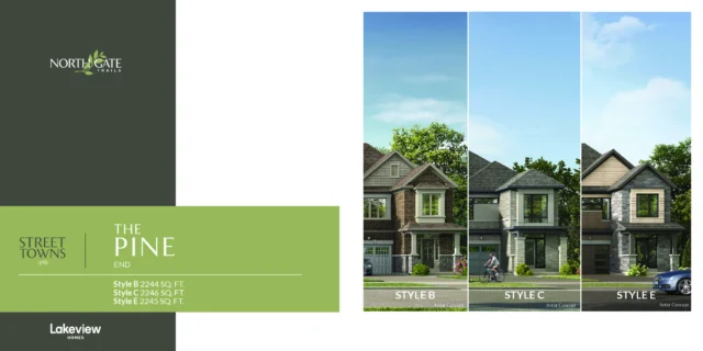 The Pine End 20′ traditional street town elevations at Northgate Trails by Lakeview Homes in north Ajax