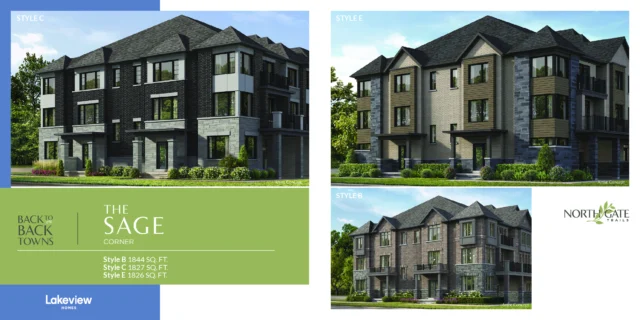 The Sage Corner 21′ back-to-back town elevations at Northgate Trails by Lakeview Homes in north Ajax