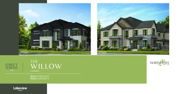 The Willow Corner 20′ traditional street town elevations at Northgate Trails by Lakeview Homes in north Ajax